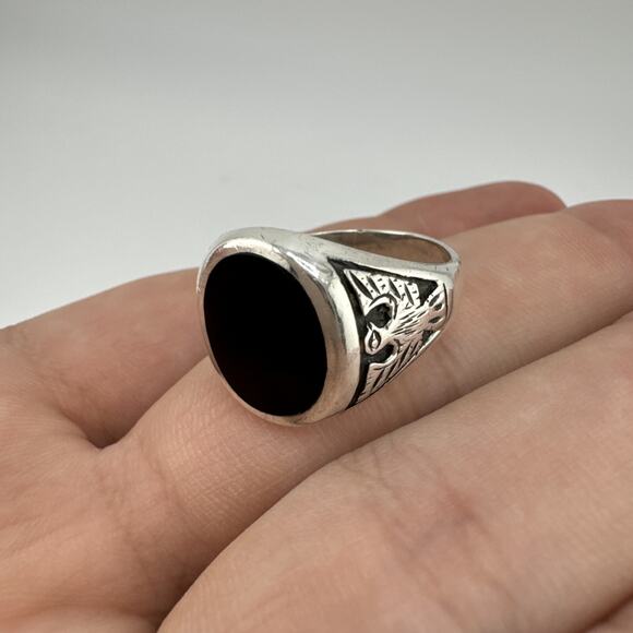 Sterling Silver 925 Black Onyx Ring With Eagle Size 9.5 - Picture 6 of 10